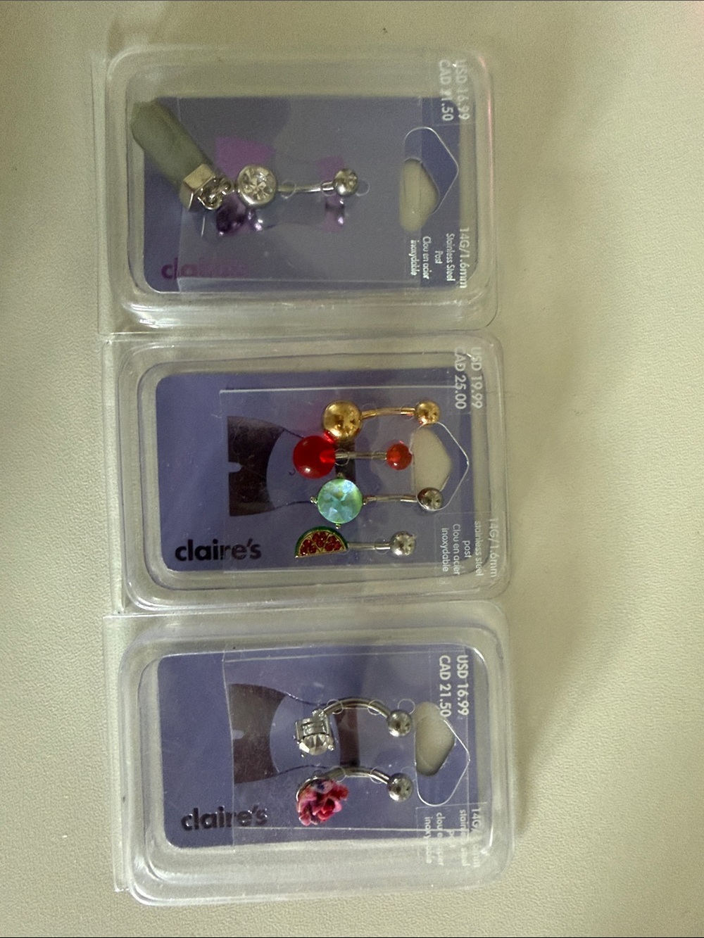 Claire's Assorted Multi-Color Belly Ring Set - Pack of 3